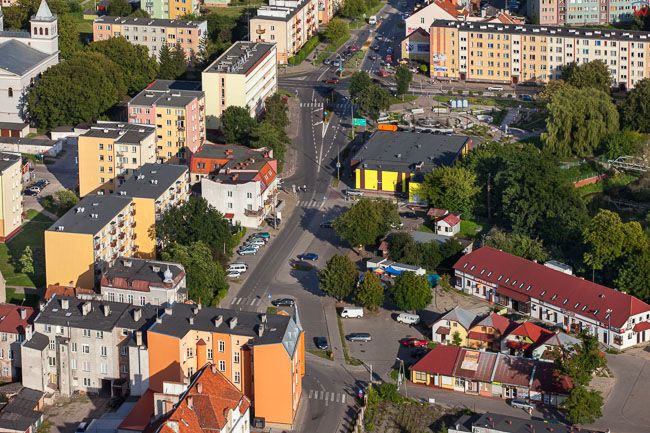Braniewo, panorama na ulice Pilsudskiego. EU, PL, Warm-Maz. Lotnicze.